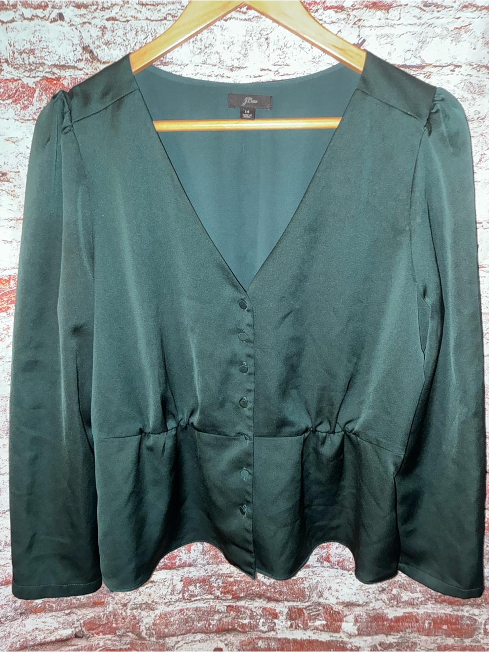 J. Crew Deep Green V-Neck Button Front Blouse